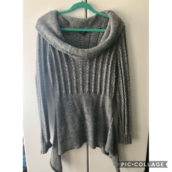 Asymmetrical Gray Sweater w/Hanging Cowl Neck - Picture 3 of 4